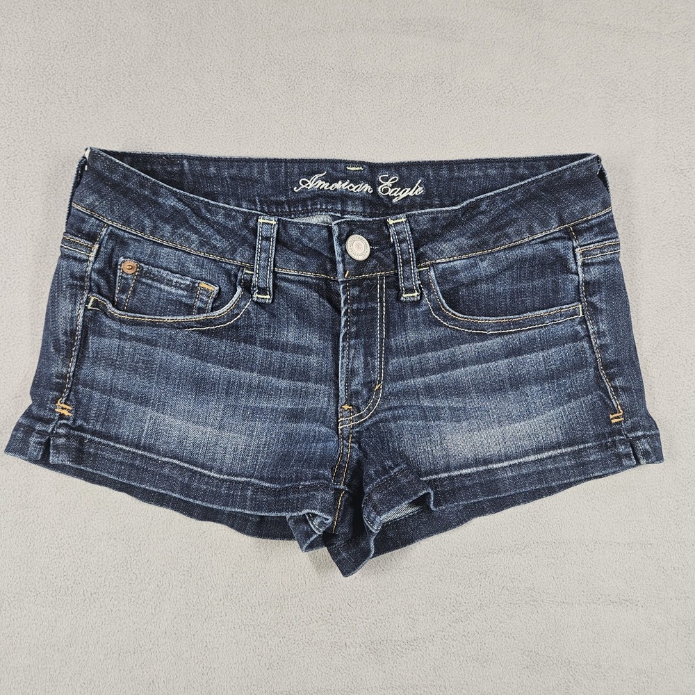 Y2K American Eagle Low Rise Micro Mini Denim Shorts Size 6 Dark Wash